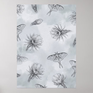 Poster Papier peint à motif papillons de lune fleurs de l