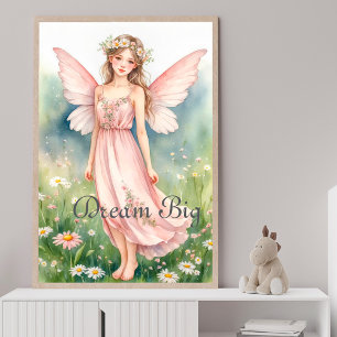 Poster Papier peint fée à l'aquarelle rose dans une prair
