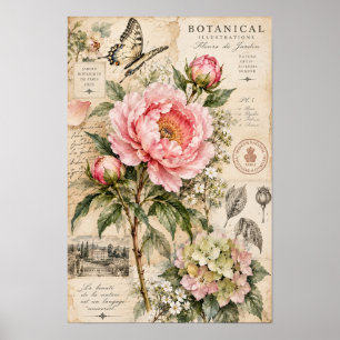 Poster Papier Peint Fleur de Pivoine Rose Vintage Papillo