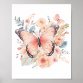 Poster Papier peint fleur papillon rose aquarelle (Devant)