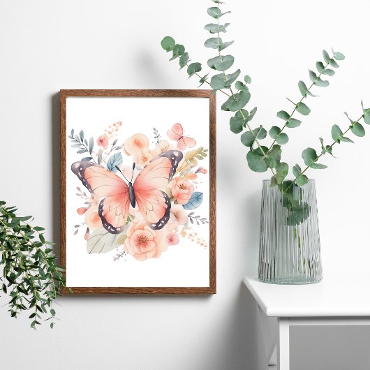 Poster Papier peint fleur papillon rose aquarelle
