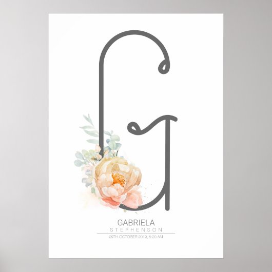 Poster Papier peint floral couleur pêche blush monogramme (Devant)