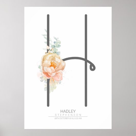 Poster Papier peint floral pêche rose monogramme lettre H (Devant)