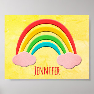 Poster Papier Vieilli Découpe Arc-en-Ciel Et Nuages Roses