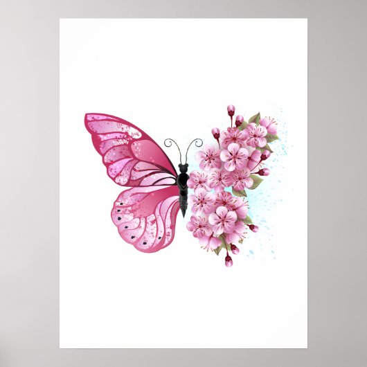 Poster Papillon à fleurs avec Sakura rose (Devant)