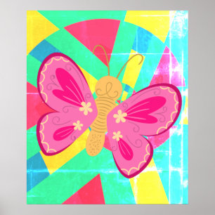 Poster Papillon abstrait tendance rose, bleu et orange