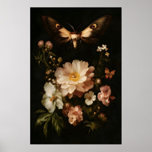 Poster Papillon Antique Art Floral Foncé Moth Botanique