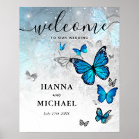 Papillon Argent et Bleu Bienvenue Mariage