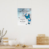 Poster Papillon Argenté et Bleu Bienvenue Mariage (Cuisine)