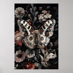 Poster Papillon blanc dans un jardin de fleurs sombres, p