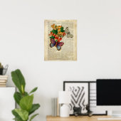 Poster Papillon bleu aux fleurs rouges Art Vintage (Bureau à domicile)