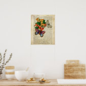 Poster Papillon bleu aux fleurs rouges Art Vintage (Cuisine)