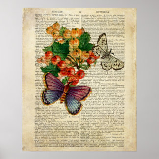 Poster Papillon bleu aux fleurs rouges Art Vintage