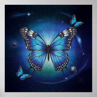 Poster Papillon bleu avec étoiles et planètes ...