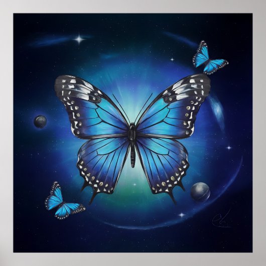 Poster Papillon bleu avec étoiles et planètes ... (Devant)