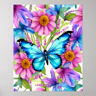 Poster Papillon bleu dans un champ de fleurs
