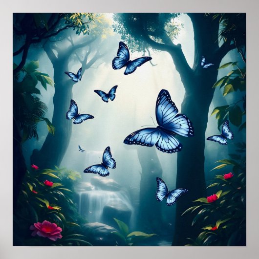 Poster Papillon bleu morpho dans la forêt tropicale (Devant)