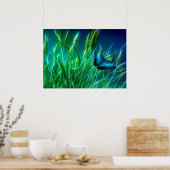 Poster Papillon bleu Morpho sur herbe verte (Cuisine)