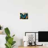 Poster Papillon bleu vintage Rose Rose bleu Hydrangea (Bureau à domicile)