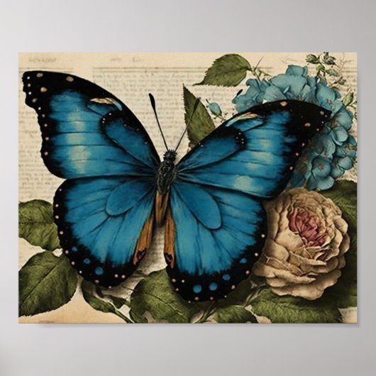 Poster Papillon bleu vintage Rose Rose bleu Hydrangea (Devant)
