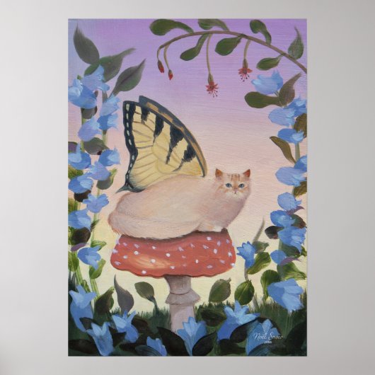 Poster Papillon Chat sur Mur Champignon Art (Devant)