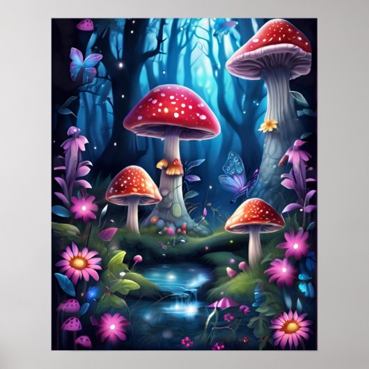 Poster Papillon de champignons Forêt enchantée BLEU THÈME (Devant)