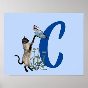 Poster Papillon de chat siamois Monogramme Initiale C Aff