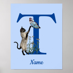 Poster Papillon de chat siamois Monogramme Initiale T Nom