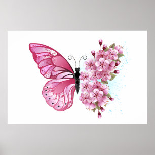 Poster Papillon de fleurs avec Sakura rose