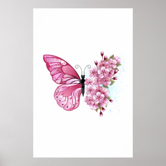 Poster Papillon de fleurs avec Sakura rose (Devant)