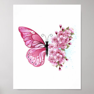 Poster Papillon de fleurs avec Sakura rose