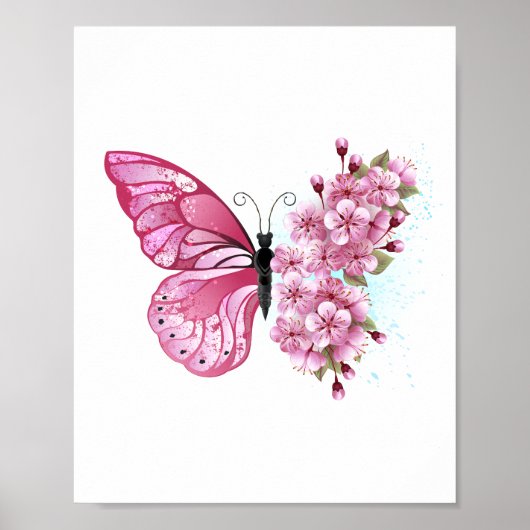 Poster Papillon de fleurs avec Sakura rose (Devant)