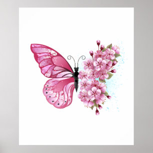 Poster Papillon de fleurs avec Sakura rose