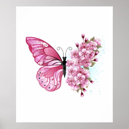 Poster Papillon de fleurs avec Sakura rose (Devant)