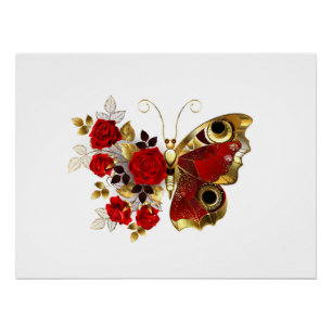 Poster Papillon de fleurs rouges aux roses rouges