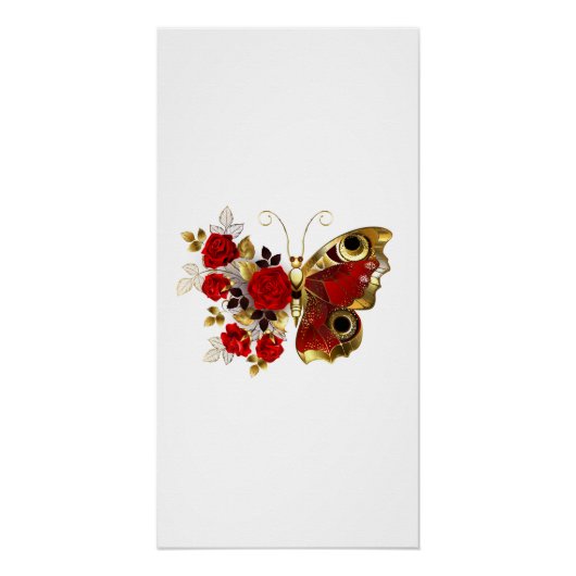 Poster Papillon de fleurs rouges aux roses rouges (Devant)