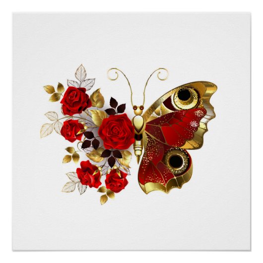 Poster Papillon de fleurs rouges aux roses rouges (Devant)