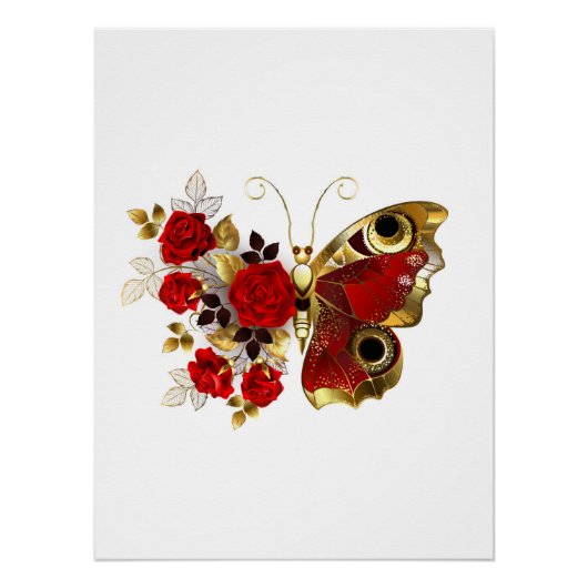 Poster Papillon de fleurs rouges aux roses rouges (Devant)
