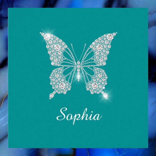 Poster Papillon Diamant Blanc, Nom de Script, Turquoise P
