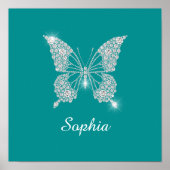 Poster Papillon Diamant Blanc, Nom de Script, Turquoise P (Devant)