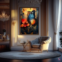 Papillon en verre tendu sur une fleur vibrante