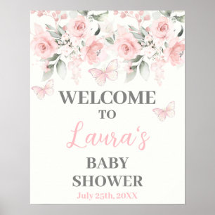 Poster Papillon et Baby shower floral rose Panneau de bie
