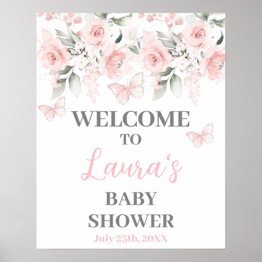 Poster Papillon et Baby shower floral rose Panneau de bie (Devant)