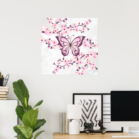 Poster Papillon Et Fleur De Cerise Rose Blanc (Bureau à domicile)