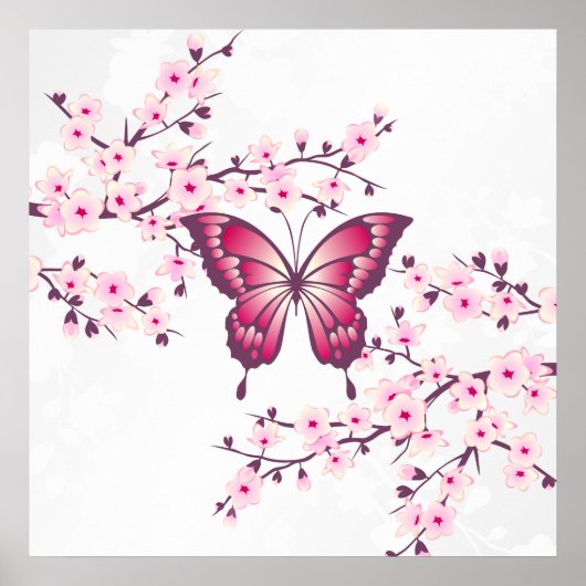 Poster Papillon et fleurs de cerisier roses et blanches (Devant)