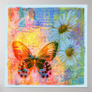 Poster papillon et pâquerettes
