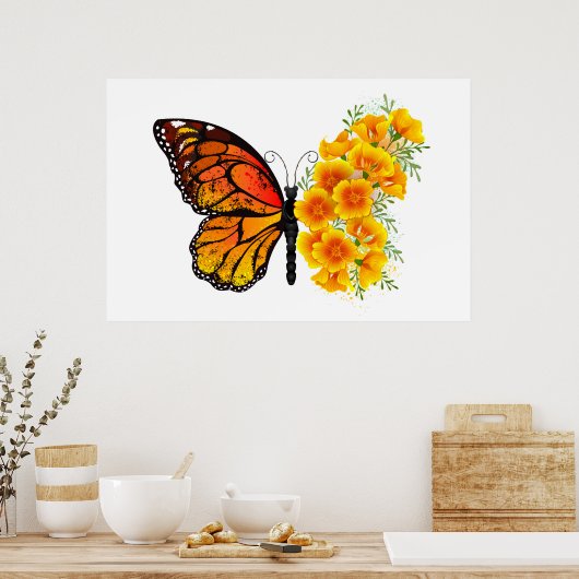 Poster Papillon fleur avec pavot de Californie jaune (Cuisine)