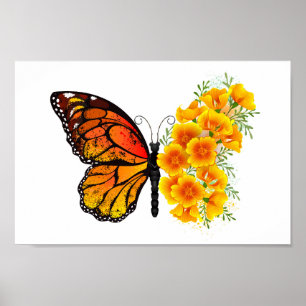 Poster Papillon fleur avec pavot de Californie jaune