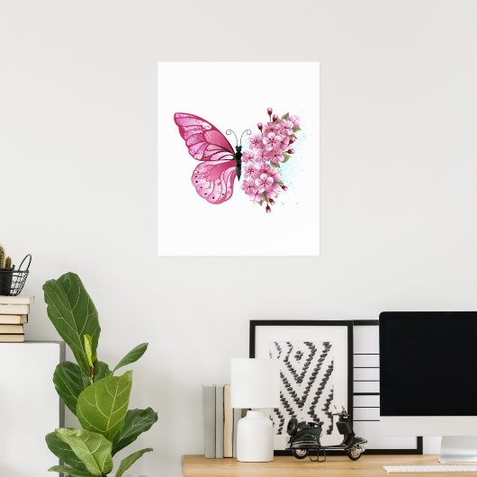 Poster Papillon Fleur avec Sakura Rose (Bureau à domicile)