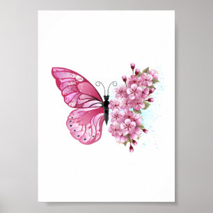 Poster Papillon Fleur avec Sakura Rose